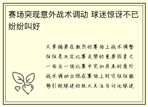 赛场突现意外战术调动 球迷惊讶不已纷纷叫好