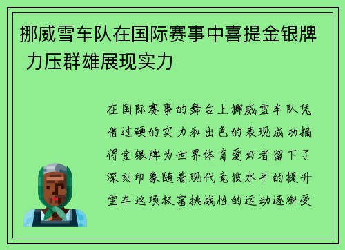 挪威雪车队在国际赛事中喜提金银牌 力压群雄展现实力